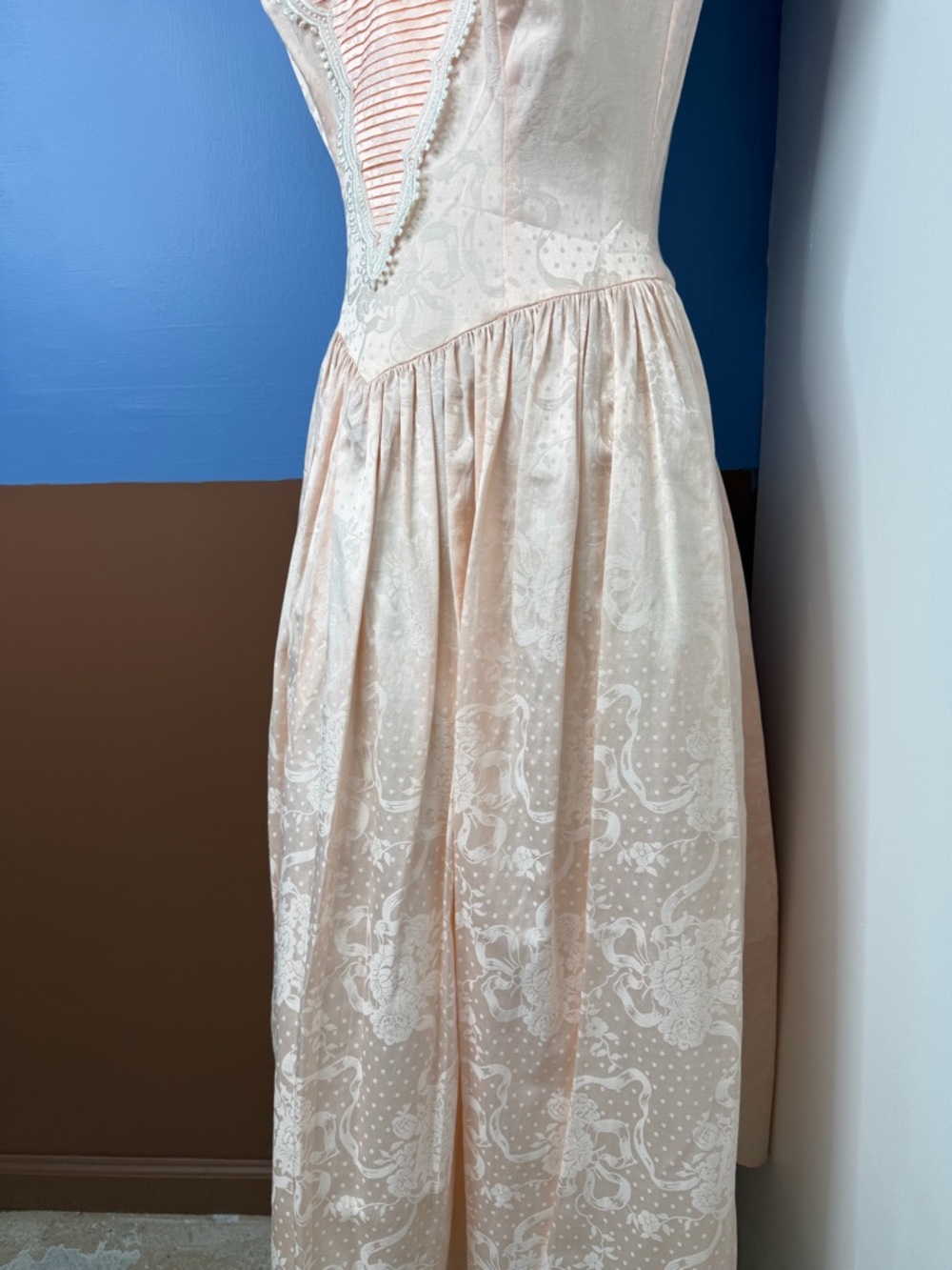 Vintage 1980s Scott McClintock Peach Brocade Floral Lace Trim Formal Dress Sz 12 - Picture 4 of 8